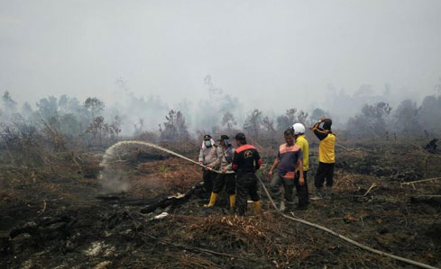 Personil Polsek Bangko Padamkan Api dan Buru Pelaku Pembakar Lahan