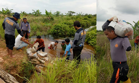 Kapolsek Ikut Angkat Karung, Bangun Sekat Kanal Batu Hampar