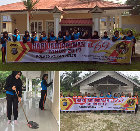 Polwan Polres Rohil Bersih-bersih Rumah Ibadah