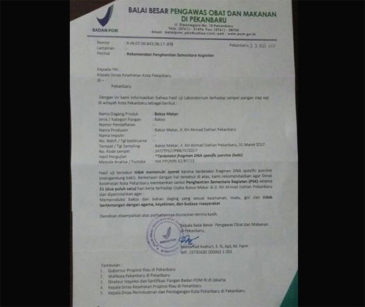 Diskes Pekanbaru Benarkan Bakso Mekar Jalan KH Ahmad Dahlan Mengandung Babi