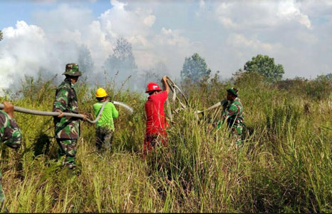 Danramil 16/Tapung Bersama MPA Padamkan Api Karlahut Di Desa Karya Indah Tapung