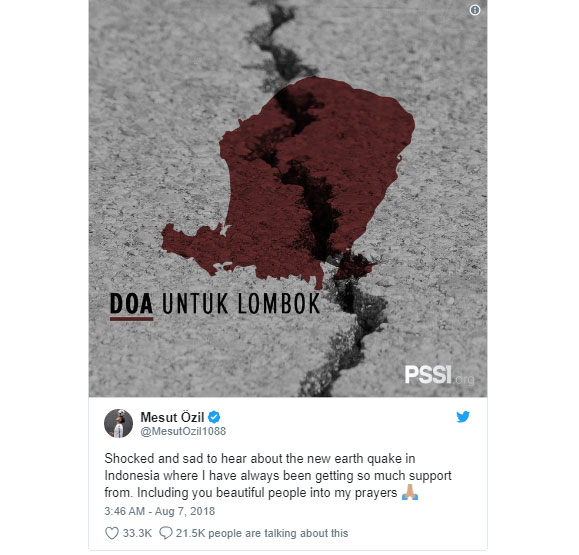 Mesut Oezil Kirim Doa untuk Korban Gempa Lombok
