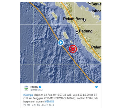 Gempa 6 SR Guncang Mentawai, Tidak Berpotensi Tsunami