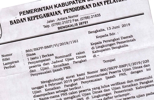 2 Juli, 228 PNS Bengkalis Ikuti Ujian Kenaikan Pangkat