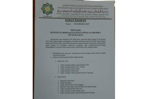 Dewan Akan Klarifikasi Surat Larangan Celana Cingkrang dan Cadar di UIN Suska