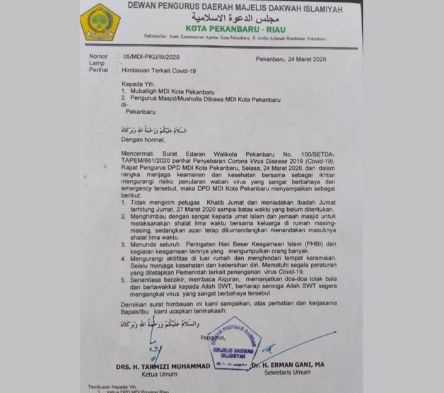 MDI Pekanbaru Keluarkan Surat Edaran Umat Islam Salat Berjamaah di Rumah