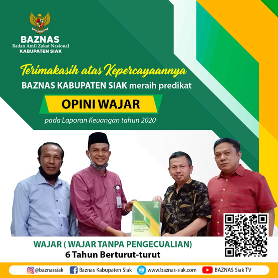 Laporan Keuangan Tahun 2020, Baznas Kab Siak Kembali Raih WTP