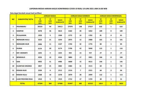 Ini Daerah Sebarannya Kasus Positif COVID-19 di Riau per 19 Juni 2021