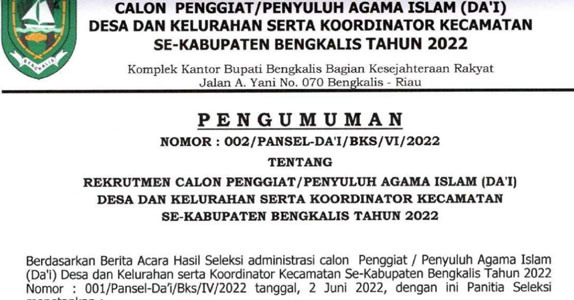 Klik! Ini Hasil Seleksi Administrasi Calon Penyuluhan Agama Desa dan Kelurahan se Kabupaten Bengkalis Tahun 2022