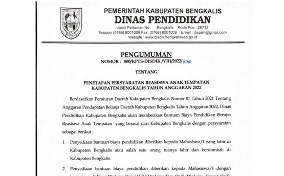 Ayo Daftar! Beasiswa Prestasi Anak Tempatan dan Suku Adat Terpencil Disdik Bengkalis 2022 Dibuka