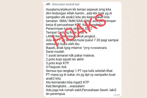 Hoaks! Bupati Kasmarni Buka Lowongan Kerja Besar-Besaran di Mandau