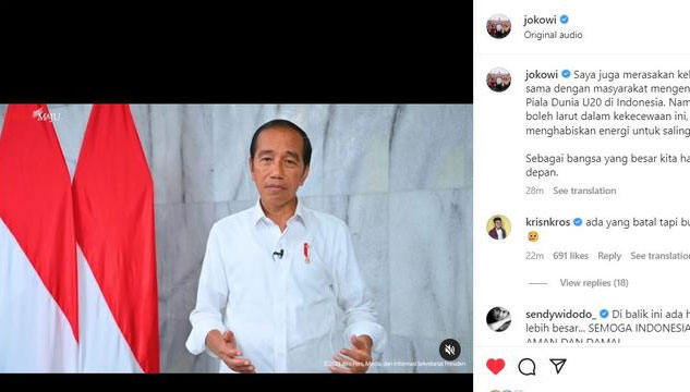 Jokowi Posting di IG Soal Indonesia Batal Jadi Tuan Rumah Piala Dunia U-20