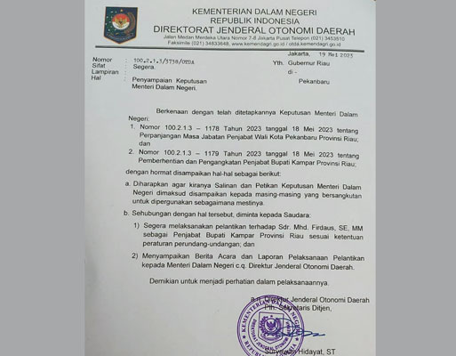 Firdaus Pj Bupati Kampar Gantikan Kamsol, Pj Walikota Pekanbaru Diperpanjang