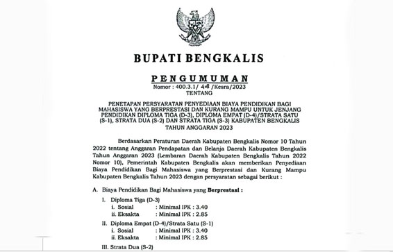 Pemkab Bengkalis Umumkan Syarat Beasiswa Bagi Mahasiswa Berprestasi dan Kurang Mampu
