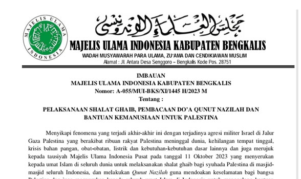 10 Novenber, MUI Bengkalis Imbau Umat Muslim Sholat Ghaib Dan Do’a Qunut Nazilah Serentak Untuk Palestina