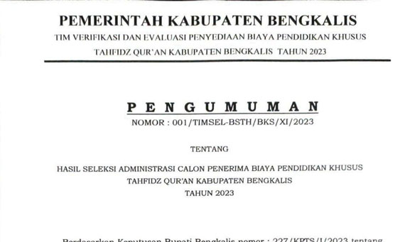 Daftar Peserta yang Lulus Seleksi Administrasi Bantuan Pendidikan Khusus Tahfidz Qur'an