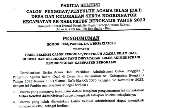 Cek Di Sini, Pengumuman Da'i Lulus Seleksi Administrasi Pemkab Bengkalis