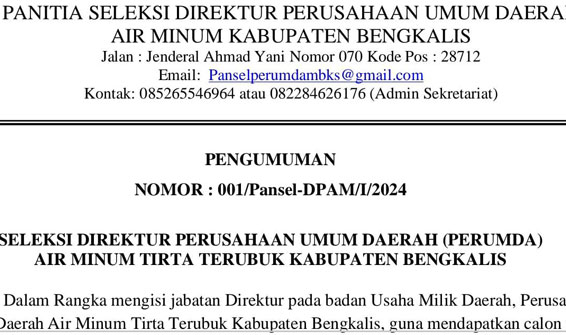 Rekrutmen Direktur PDAM Bengkalis Dibuka, Ini Syaratnya