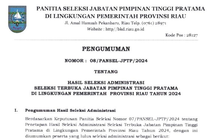 30 Nama Lulus Seleksi Administrasi Asesmen 4 Jabatan Eselon II Pemprov Riau