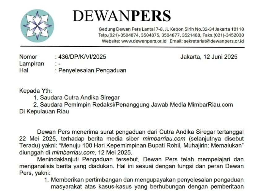 Kuasa Hukum Bupati Rohil Bistamam Adukan Salah Satu Media Siber, Dewan Pers Keluarkan Rekomendasi