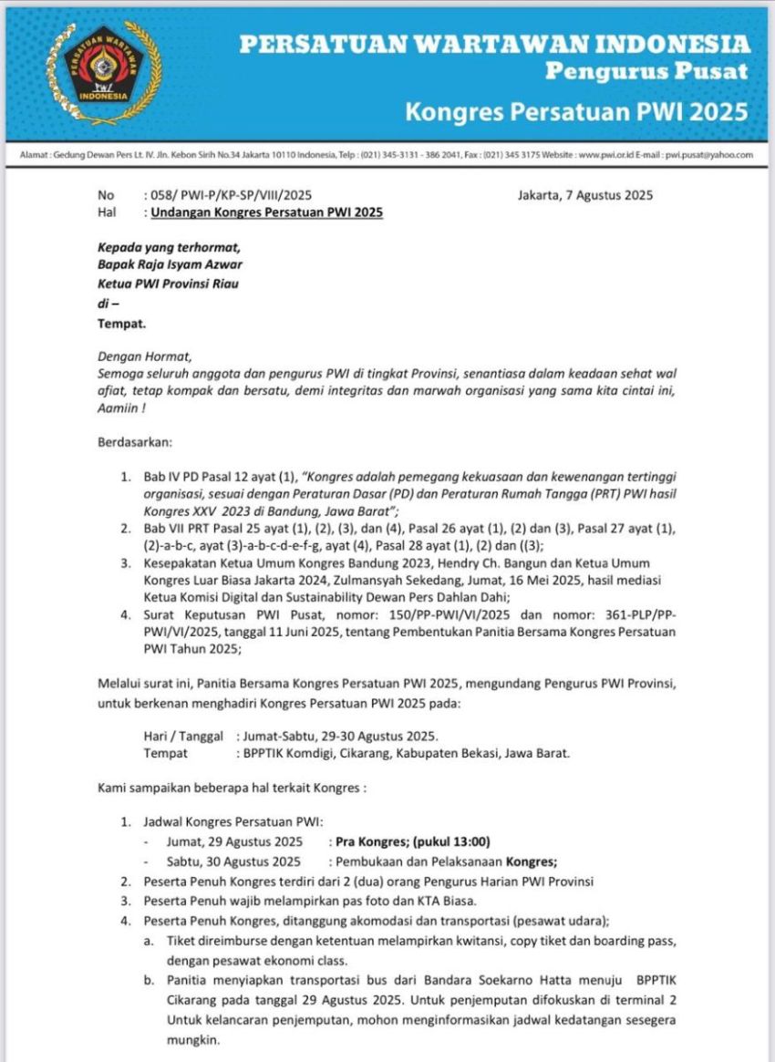 PWI Riau Pimpinan Raja Isyam Terima Undangan Kongres Persatuan, Tak ada Dualisme!