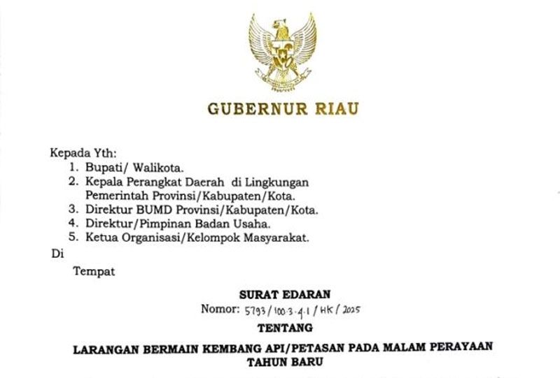 SE Gubernur, Malam Tahun Baru 2026 di Riau Tanpa Kembang Api dan Petasan