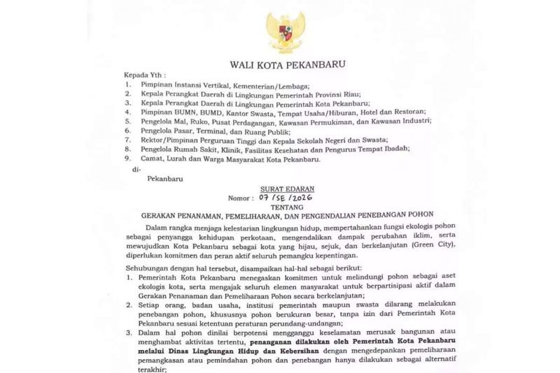 Wako Pekanbaru Terbitkan Edaran Larangan Penebangan Pohon