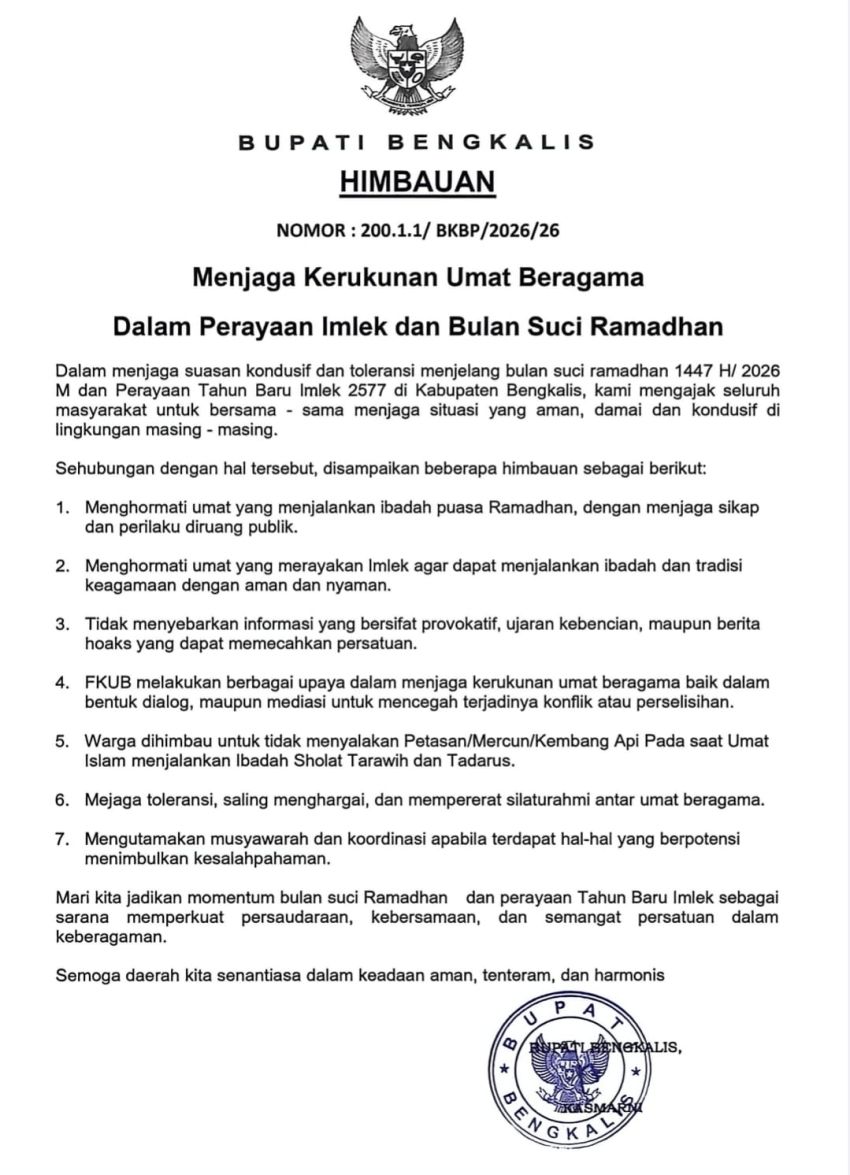 Bupati Bengkalis Terbitkan Imbauan Kerukunan Umat Beragama Jelang Ramadhan