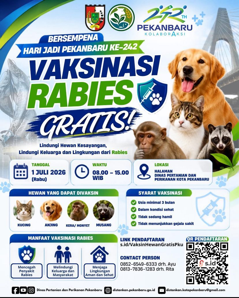 Logo Pekanbaru Beranda  Berita Pemko Pekanbaru Gelar Vaksinasi Rabies Gratis, ini Jadwal dan Lokasinya! Pemko Pekanbaru Gelar Vaksinasi Rabies Gratis,