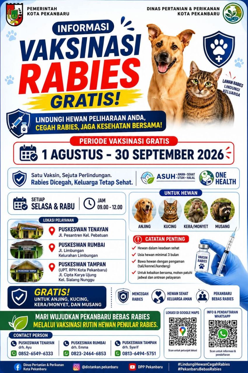 Distankan Pekanbaru Gelar Vaksinasi Rabies Gratis 1 Agustus Hingga 30 September 2026
