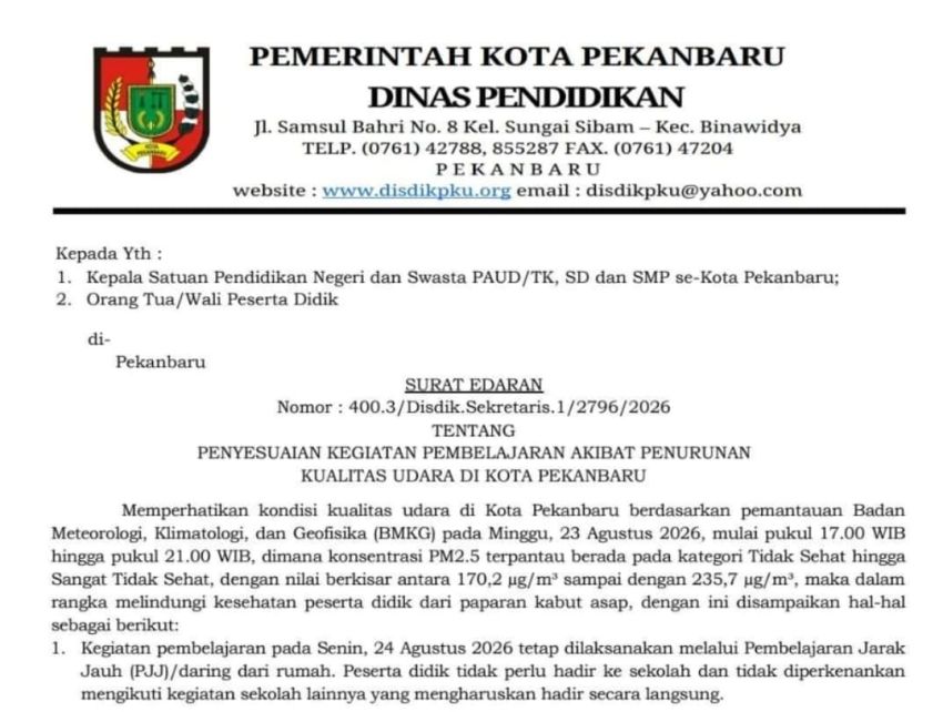 Akibat Asap Karhutla, Hari Ini Siswa Pekanbaru Laksanakan Pembelajaran dari Rumah