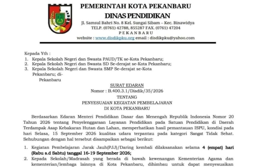 Udara Pekanbaru Masih Sangat Tidak Sehat, Siswa Kembali PJJ