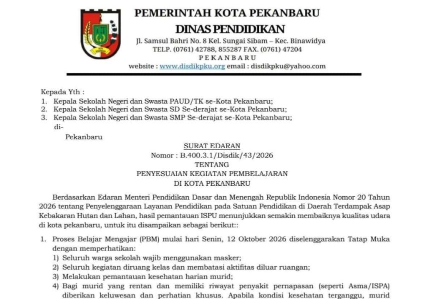 Kabut Asap, Senin Besok Siswa di Pekanbaru Kembali Sekolah