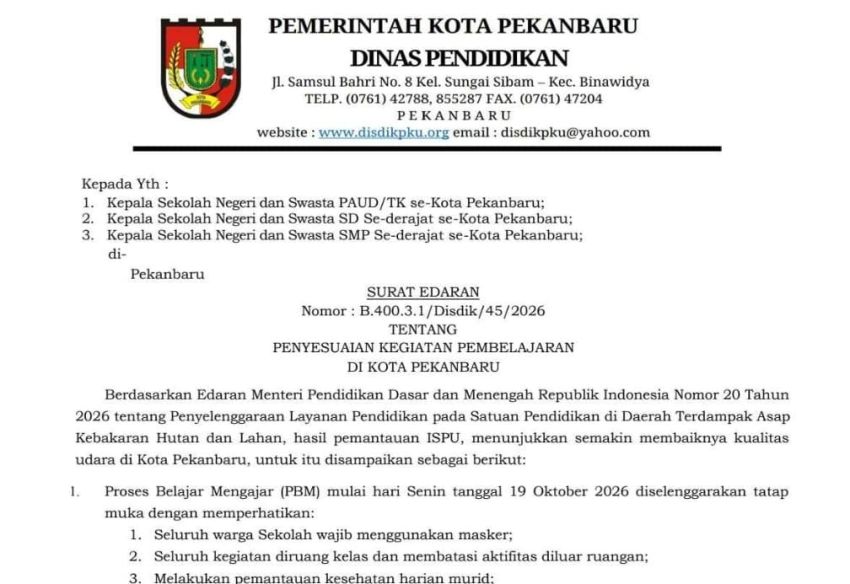 Udara Masih Tidak Sehat, Senin Besok Siswa Pekanbaru Kembali Tatap Muka di Sekolah