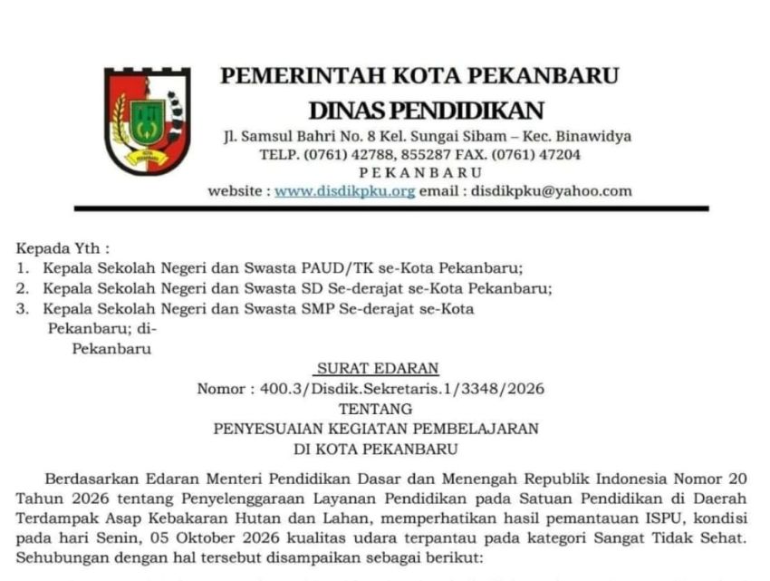 Besok Pekanbaru Kembali Terapkan PJJ Akibat Kabut Asap